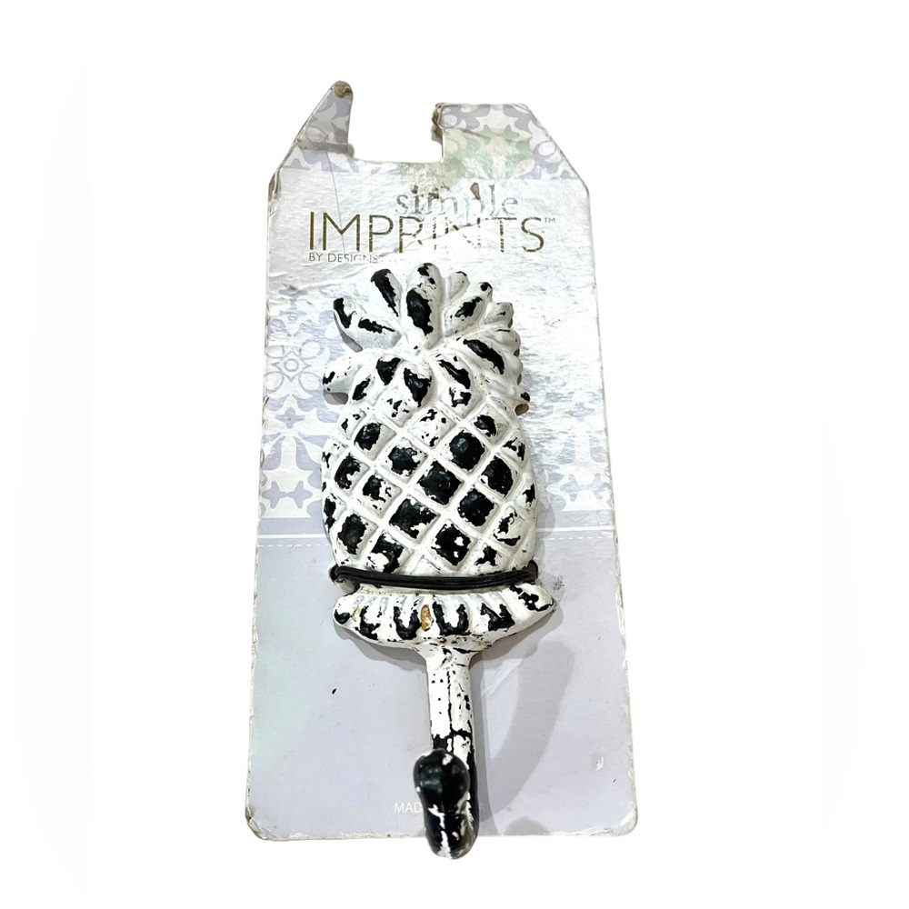 Pineapple Cast Iron Wall Hook NOS Painted Rustic White 6" x 2" Simple Imprints